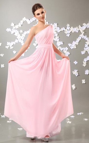 One-Shoulder Floor-Length Chiffon Dress With Pleating