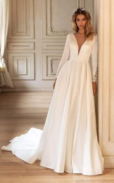 Modern A Line Satin Wedding Gown with Ruching and Train
