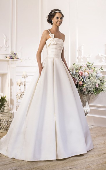 A-Line Floor-Length Straps Sleeveless Corset-Back Satin Dress With Bow