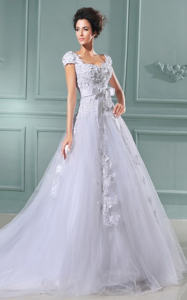 Queen Anne Neckline A-Line Dress With Lace Bodice and Ruffles