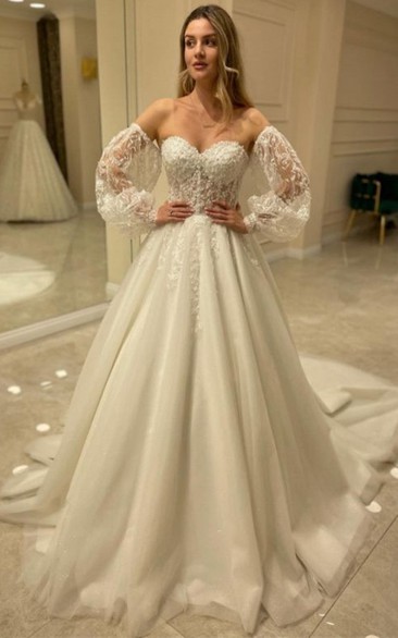 Tulle A Line Chapel Train Wedding Dress with Ruching and Appliques