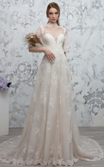 Elegant Lace High Neck Half Sleeve Ruching Wedding Dress With Button