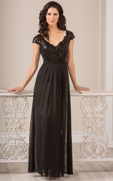 Cap-Sleeved A-Line Long Gown With Sequins And Keyhole Back