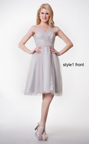 Convertible Cap Sleeve Ruched Short Tulle Dress With Pleats