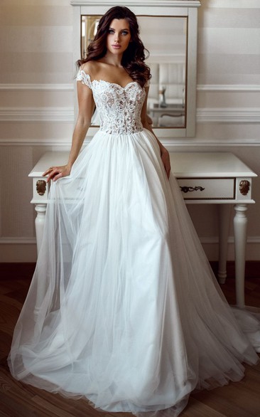 Ethereal A Line Chiffon Off-the-shoulder Sweep Train Wedding Dress