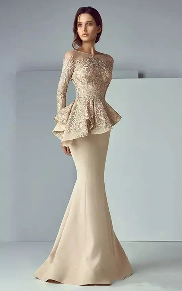 Champagne Formal Evening Gowns for Weddings | Peplum Mother of the Brides Dress with Sleeves