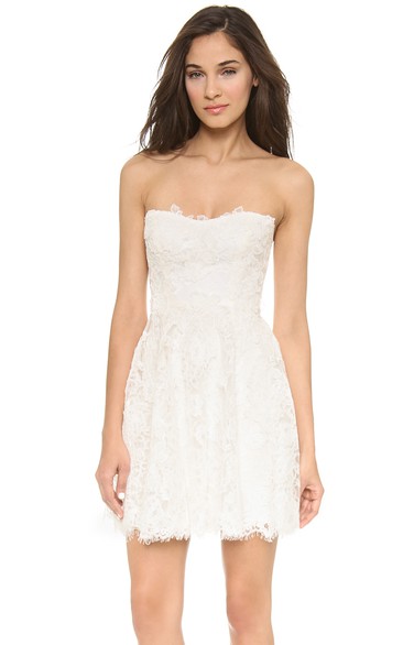 Short Strapless A-line Lace Dress With Low-V Back Style