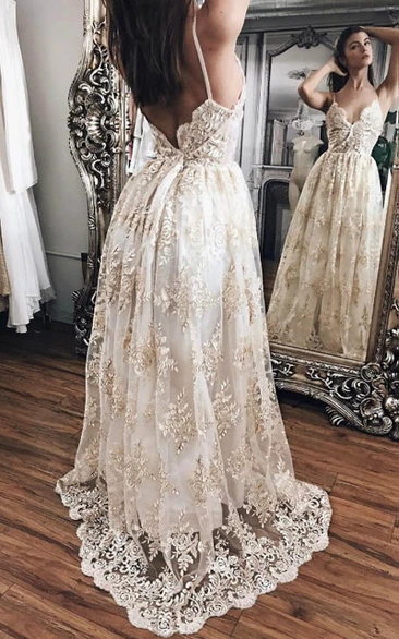 Sexy Lace Spaghetti Empire Pleated Applique Deep-v Back Wedding Prom Dress