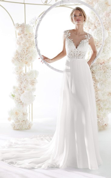 Keyhole Back Cap Sleeve Elegant Illusion Lace Chiffon Wedding Gown With Plunging Neckline