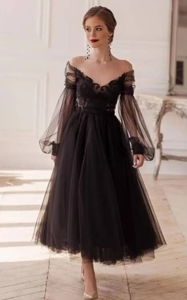 Romantic Ankle-length Long Sleeve Tulle A Line Evening Dress with Appliques