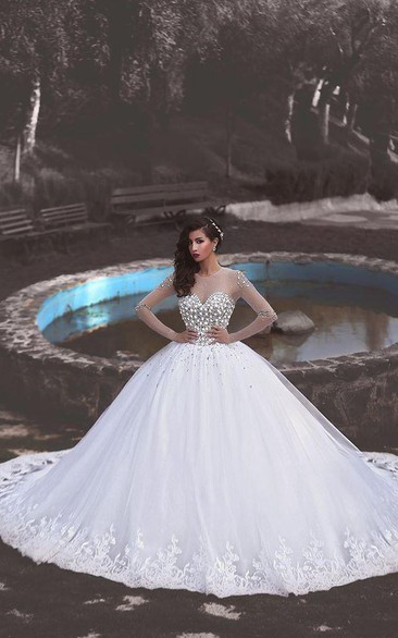 Newest Crystals Tulle Lace Illusion Wedding Dress Long Sleeve Ball Gown