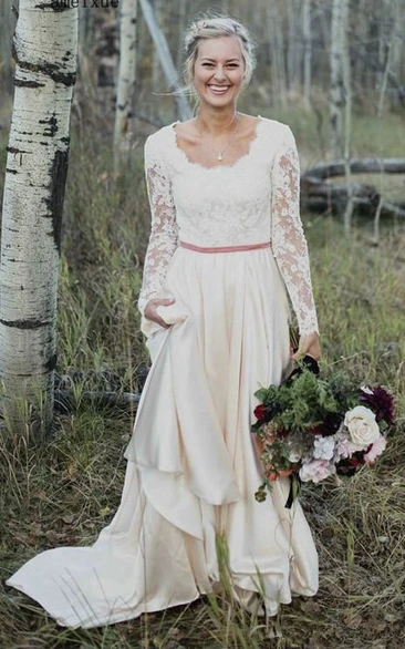 Elegant Long Sleeve Sheath Scalloped Lace And Satin Wedding Bridal Gown