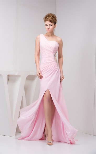 Blushing Front-Split One-Shoulder Sweep Train and Dress With Keyhole
