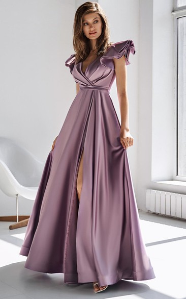 Romantic V-neck A Line Satin Floor-length Formal Dress with Ruching