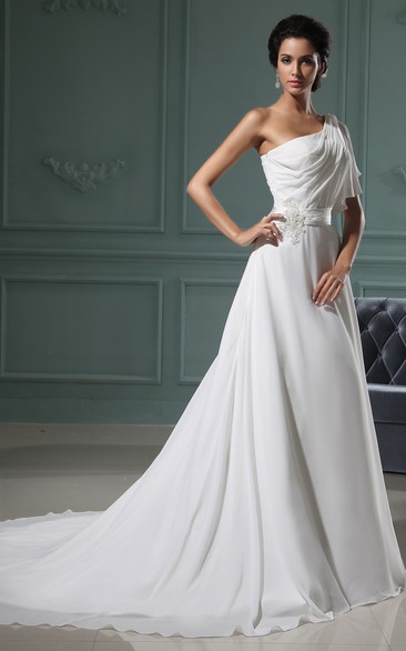 One-Shoulder Chiffon A-Line Dress With Ruching and Sating Sash