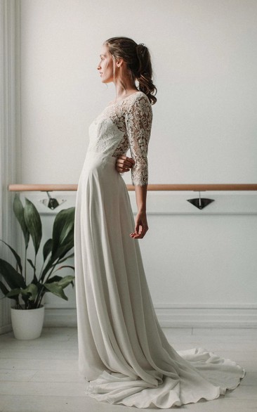 Elegant Lace and Chiffon Sheath 3/4 Sleeve Deep-V Back Bridal Gown