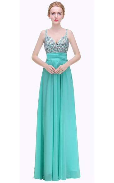 Sleeveless Straps A-line Floor-length Dress with Ruched Waist