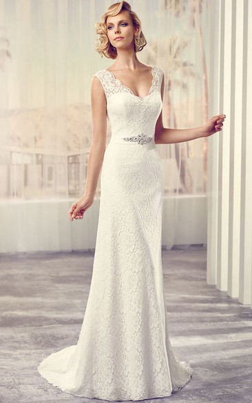 Long V-Neck Jeweled Lace Wedding Dress With Sweep Train And Illusion