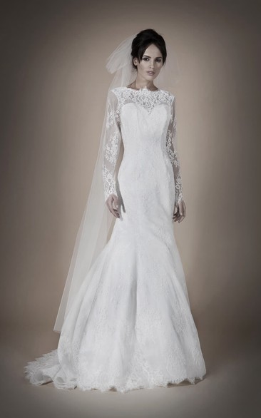 Trumpet Floor-Length Jewel Long-Sleeve Deep-V-Back Lace Dress With Appliques