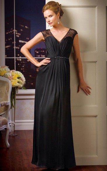 Cap-Sleeved V-Neck Mother Of The Bride Dress With Sequins And Illusion Back