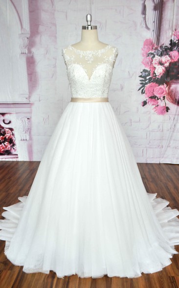 Sleeveless A-line Ballgown Tulle Wedding Dress With Illusion Neckline And Deep V-back