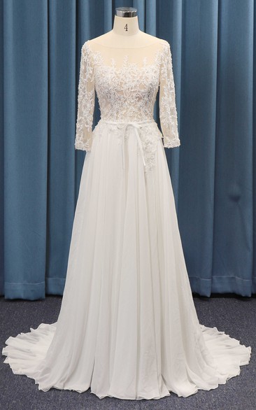 Adorable 3/4 Sleeve A-line Wedding Dress With Lace Top And Chiffon Ruched Skirt And Sash