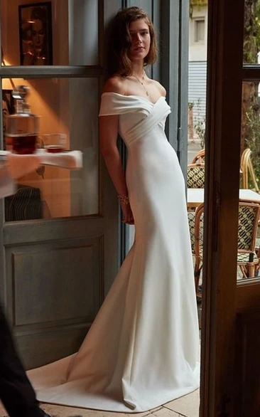 Simple Off-the-shoulder Sheath Sweep Train Wedding Dress with Zipper Back