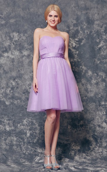 Sweetheart Pleated A-line Short Tulle Dress With Sash