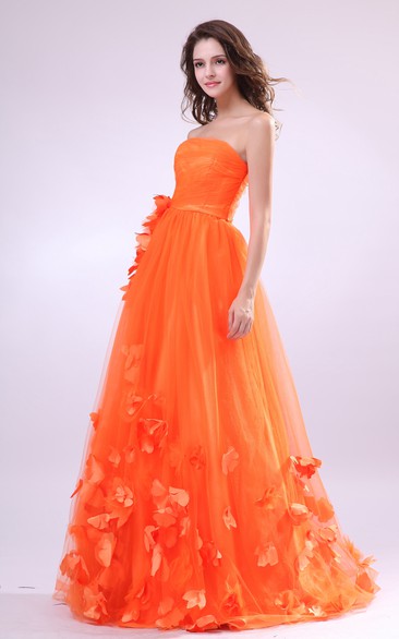 Strapless A-Line Dress With Tulle Overlay and Floral Embellishment