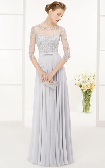 A-Line Beaded 3-4-Sleeve Floor-Length Jewel-Neck Chiffon Prom Dress