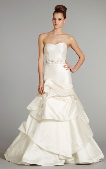 Charming Strapless Tiered Dress With Beaded Petal Satin Sash