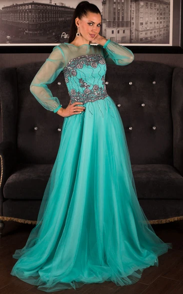 A-Line Sweep High-Neck Long Sleeve Tulle Appliques Beading Keyhole Dress