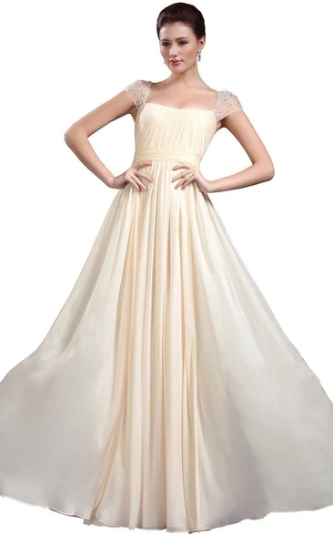 Cap-sleeved Square Neck A-line Chiffon Gown
