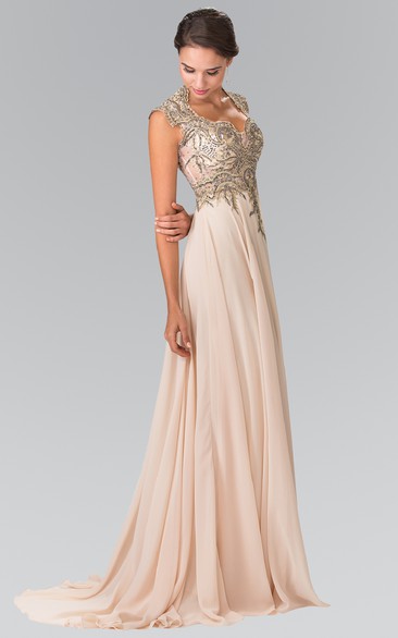 A-Line Queen Anne Sleeveless Chiffon Illusion Dress With Beading And Pleats