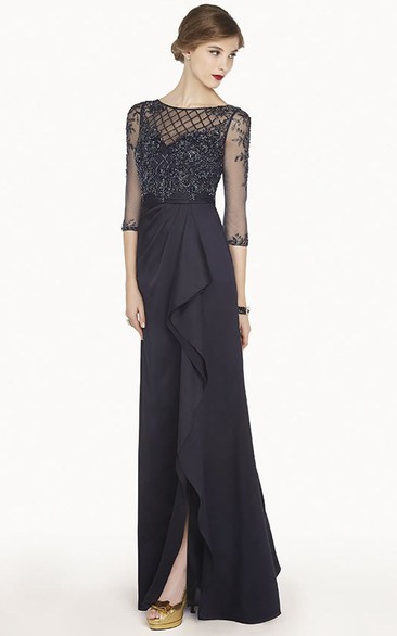 Sheath Scoop-Neck Appliqued Half-Sleeve Floor-Length Chiffon Prom Dress With Split Front And Draping