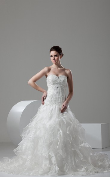 Sleeveless A-Line Beaded Chapel Train and Gown With Ruffles
