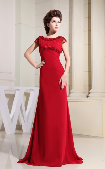 Chiffon Short-Sleeve Floor-Length Dress With Beading and Ruching