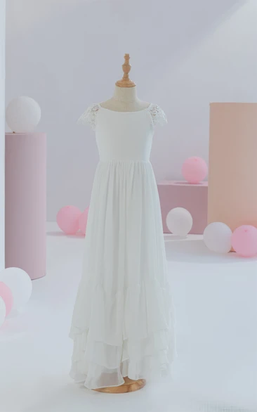 White Short-sleeve Chiffon Simple Communion Layered Flowergirl Dress