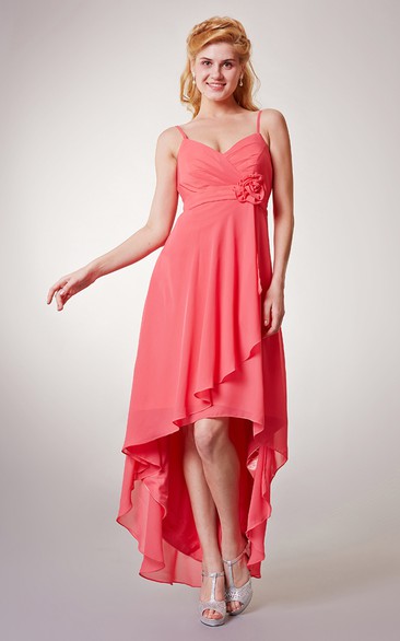High-low Chiffon Dress With Spaghetti Straps and Floral Detail