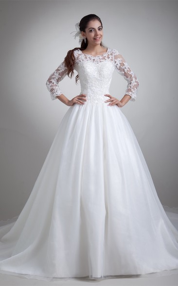 A-Line Lace Pleated Ball-Gown With Illusion Long Sleeves