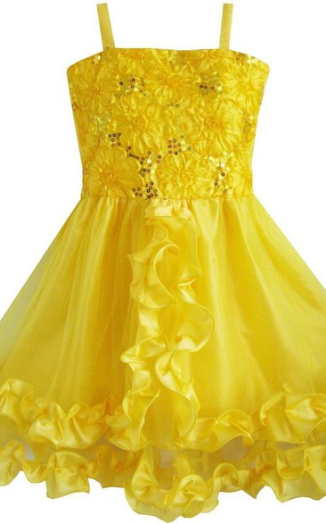 Sleeveless A-line Sequined Dress With Ruffles and Bow