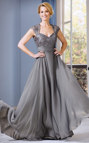 Cap-Sleeved A-Line Gown With Pleats And Appliques