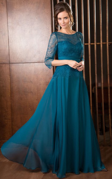 A-Line 3-4-Sleeve Maxi Scoop-Neck Lace Chiffon Mother Of The Bride Dress
