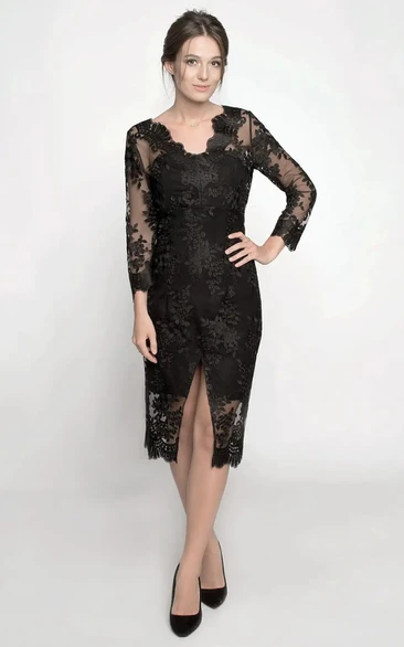 Casual 3/4 Length Sleeve Knee-length Pencil Lace Zipper Cocktail Dress with Split Front