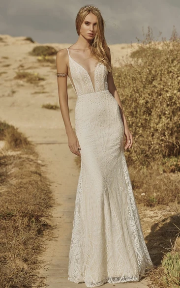 Beautiful Mermaid Lace Plunging Neckline Wedding Dress with Appliques