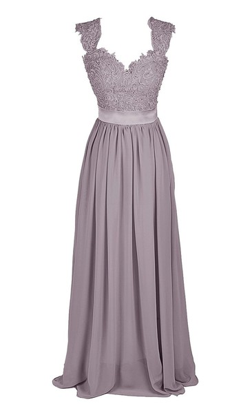 Cap-sleeve Long Dress With Lace Bodice and Sash