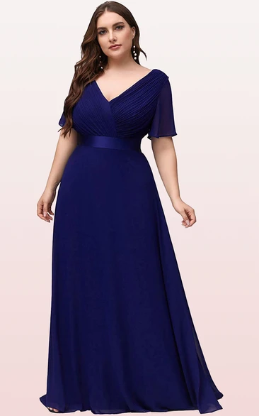 Romantic Chiffon V-neck Half Sleeve A Line Formal Dress With Criss Cross and Ruching