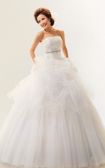 Elegant Strapless Jeweled Ball Gown With Corset Back and Tulle Overlay
