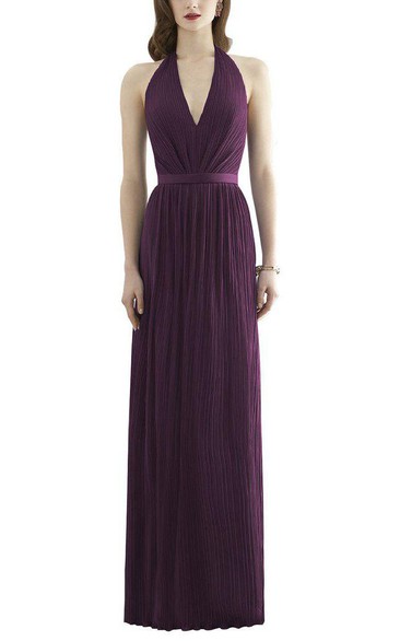 Halter Ruched Long Bridesmaid Dress with Low Back