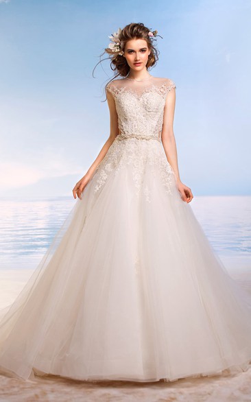 A-Line Long Jewel Cap-Sleeve Keyhole Tulle Dress With Appliques And Beading